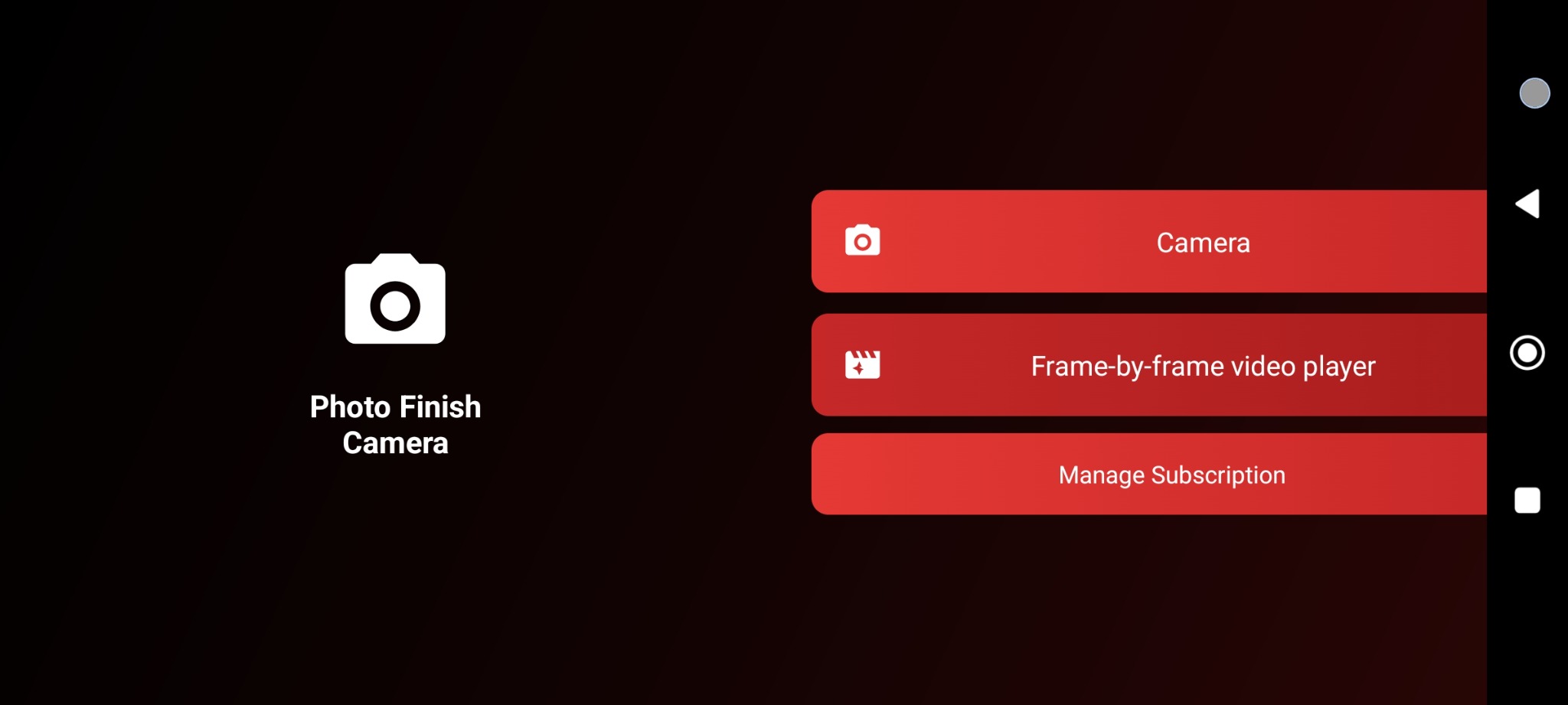 Photo Finish Camera home screen and quick setup
