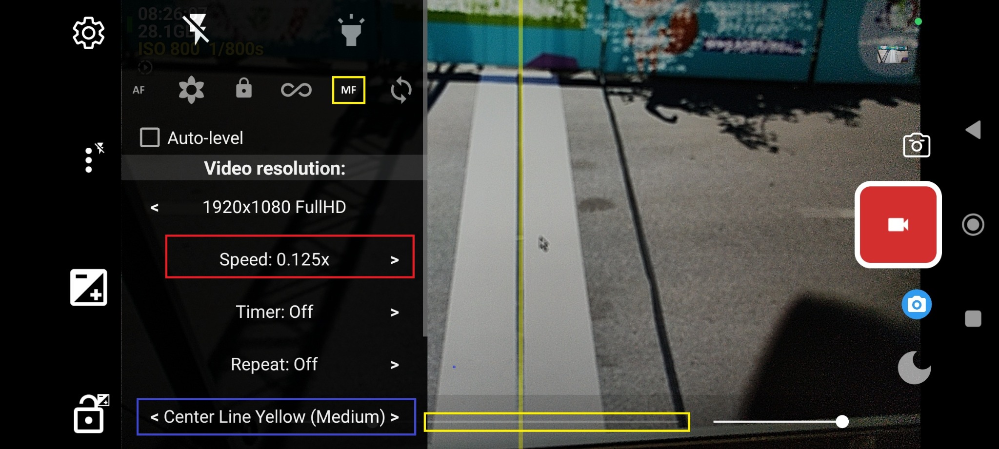 Manual focus, slow motion, and center-line controls
